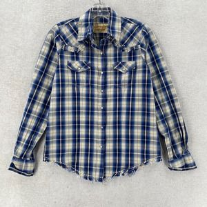 Cowgirl Legend Shirt Womens Med Blue White Plaid Pearl Snap Long Sleeve raw‎ Hem